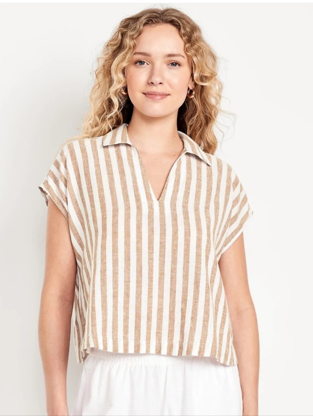 Old Navy Striped Shirt Linen Blend Pullover in White Light Brown Size XL Summer